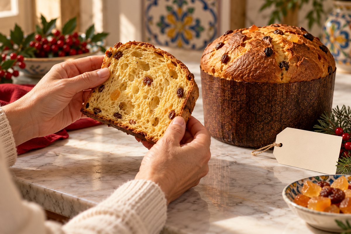 Mani che osservano una fetta di panettone accanto al lievitato intero