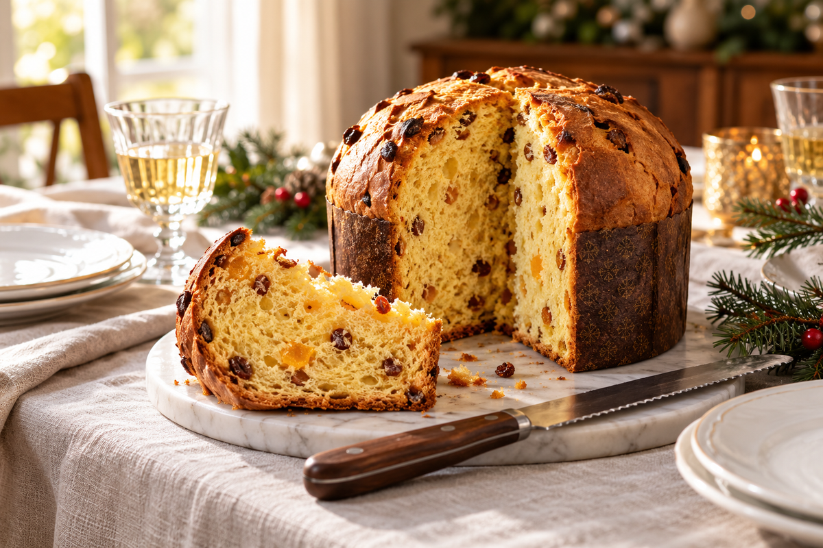 Panettone affettato accanto a un coltello a seghetto sulla tavola delle feste