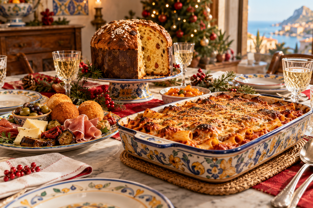 Tavola di Natale con pasta al forno, antipasti e panettone