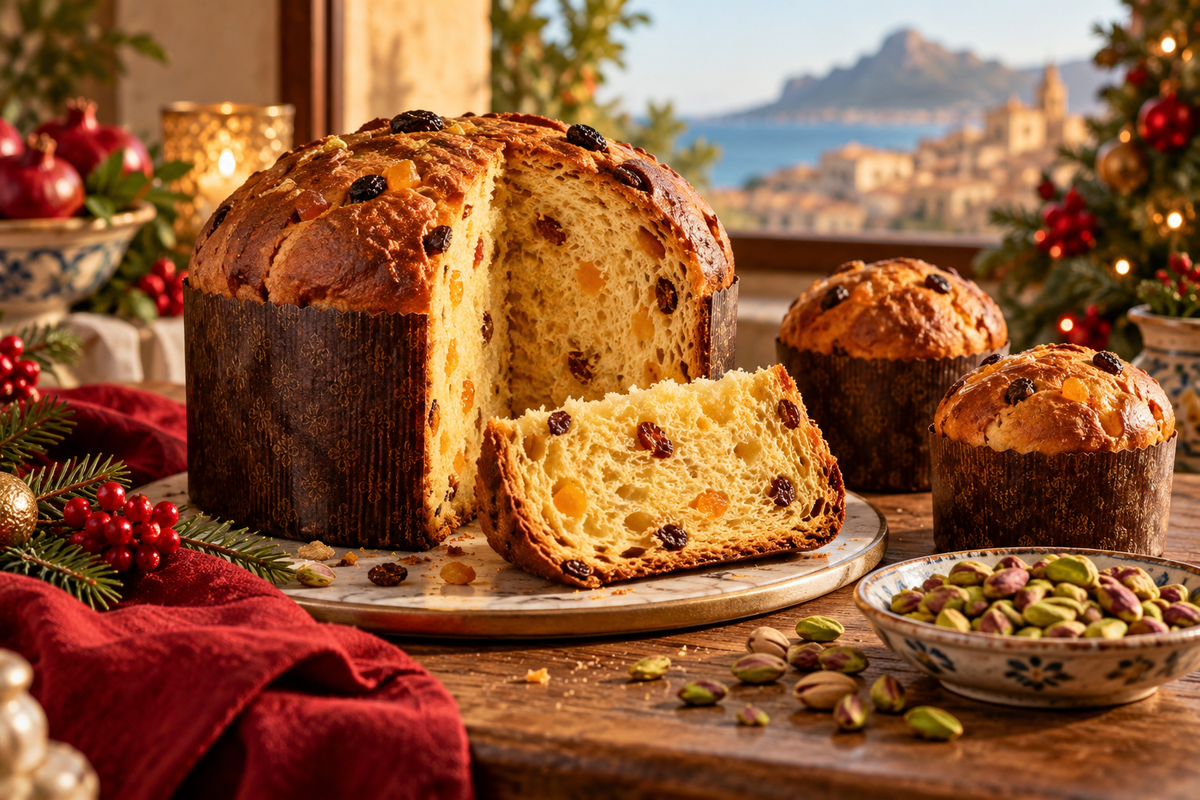 Panettone e panettoncini su una tavola natalizia siciliana