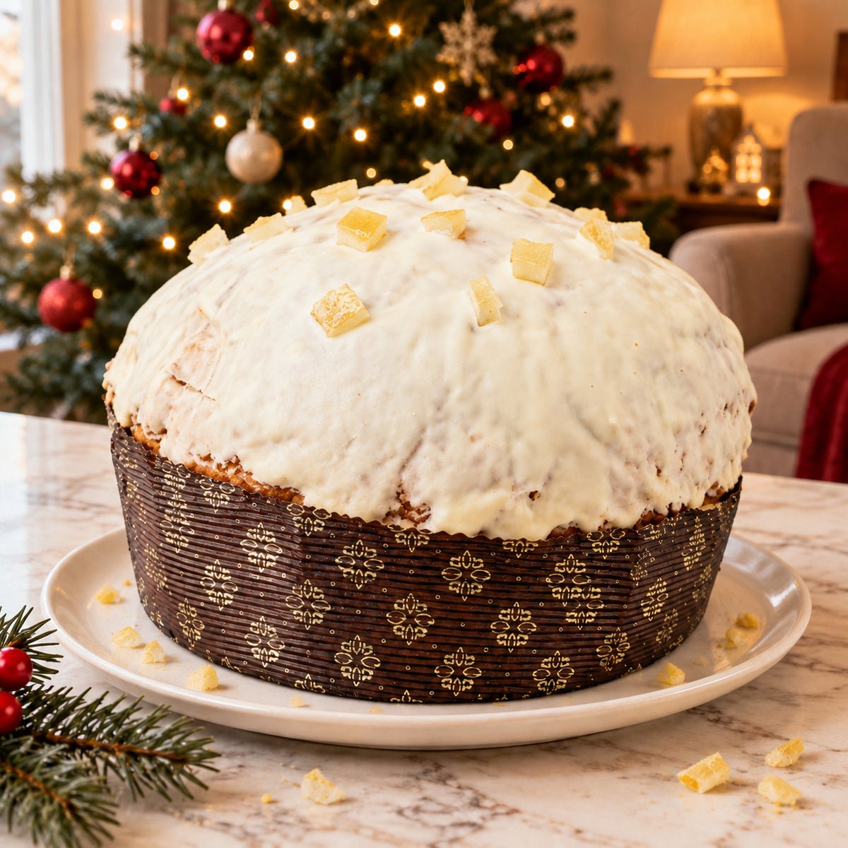 Panettone limone e cioccolato bianco su una tavola natalizia