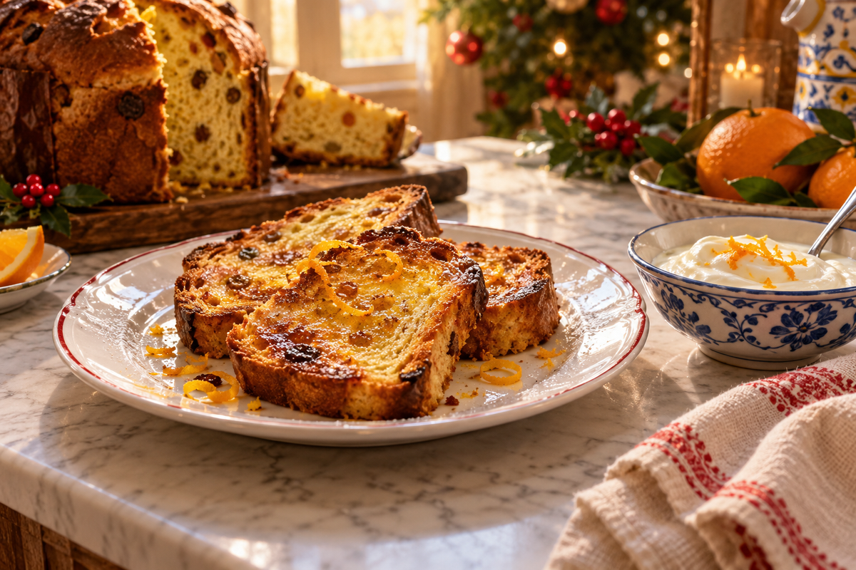 Fette di panettone dorate con yogurt e scorza d'arancia
