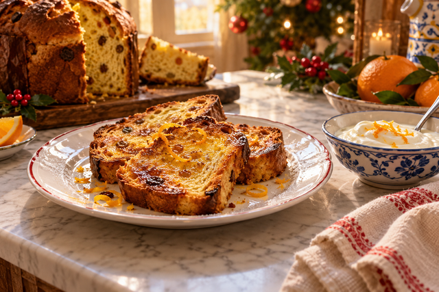 Fette di panettone dorate con yogurt e scorza d'arancia