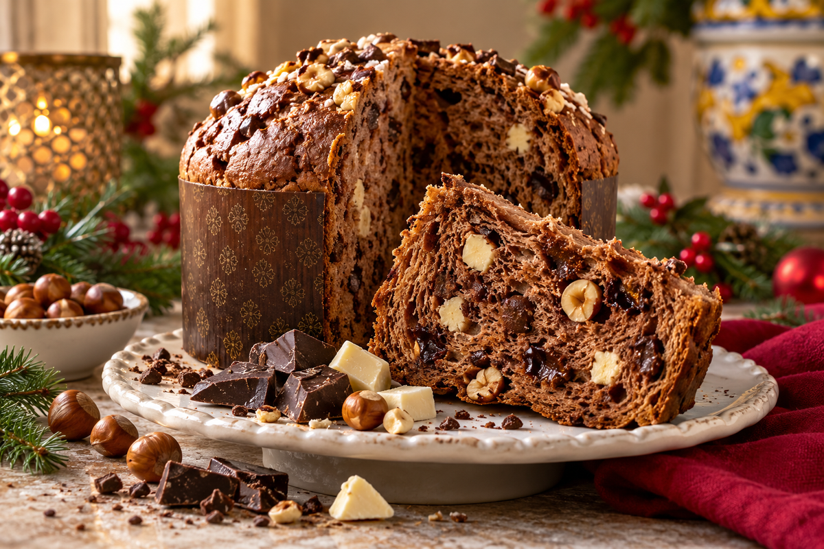 Panettone al cacao con cioccolato e nocciole sulla tavola di Natale