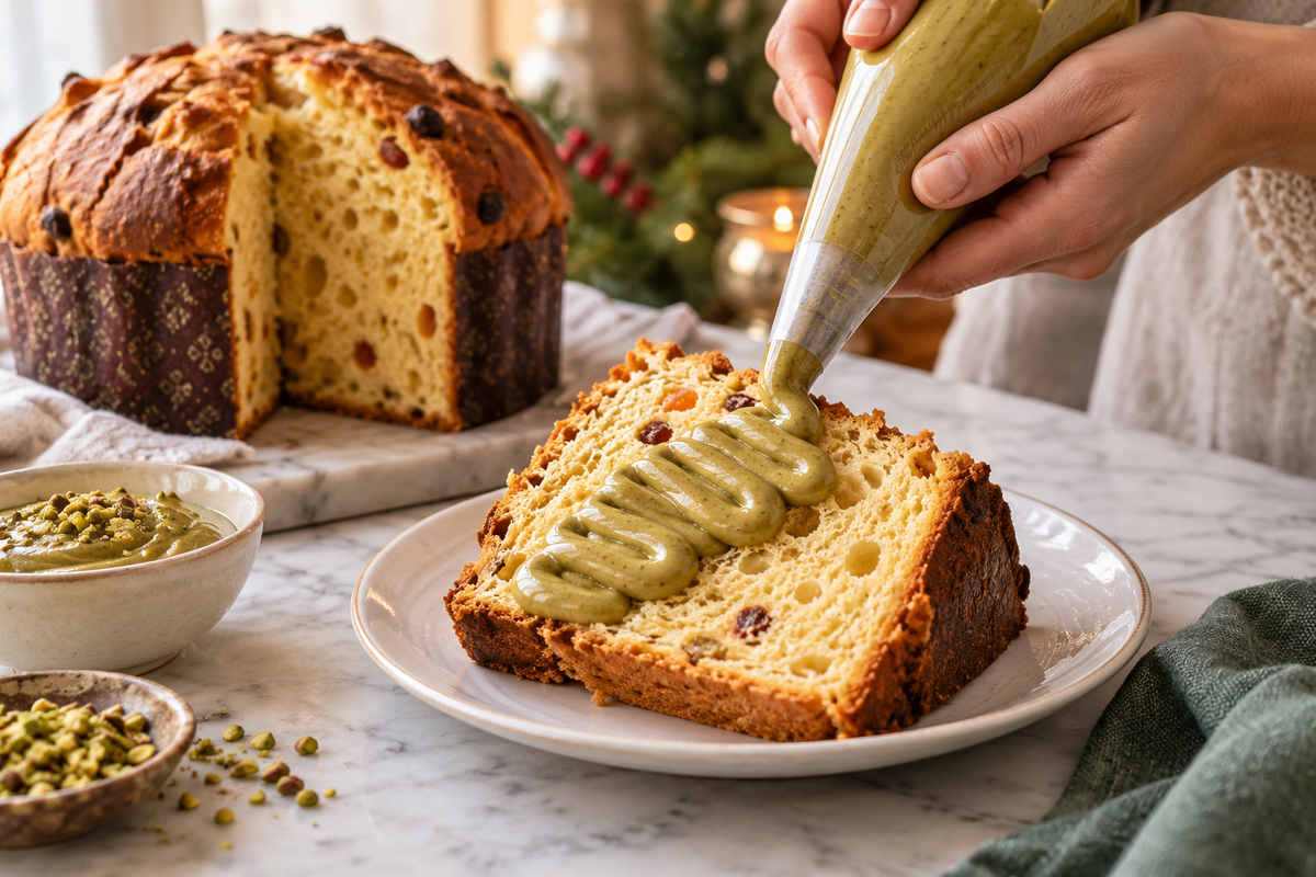 Crema al pistacchio dosata con una sac à poche su una fetta di panettone