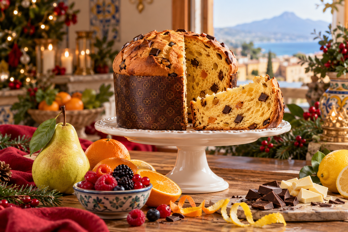 Panettone con frutta, agrumi e cioccolato in un ambiente natalizio