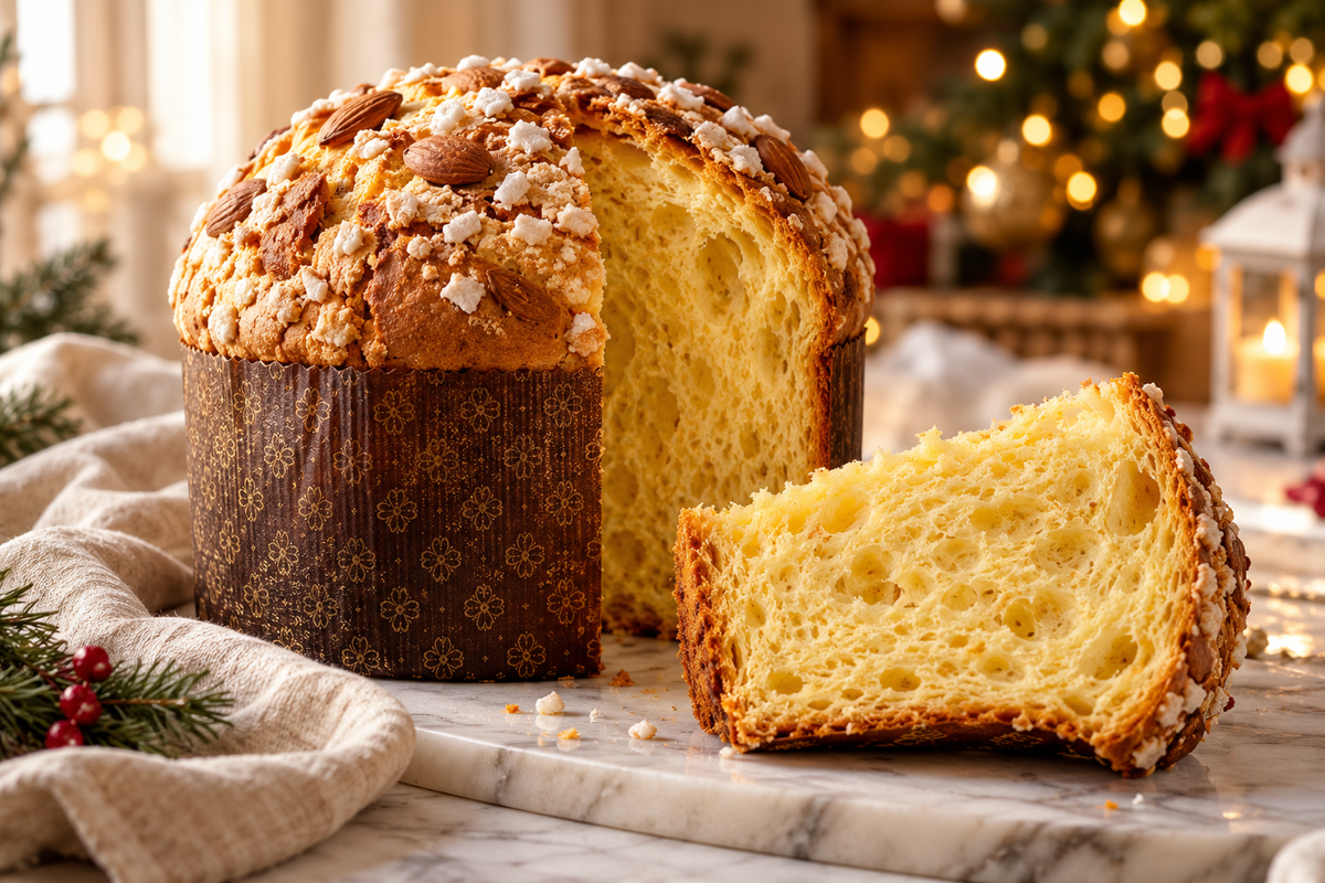 Panettone semplice con glassa mandorlata e fetta senza inclusioni di frutta