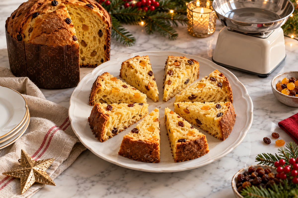 Fette di panettone disposte su un piatto per il servizio