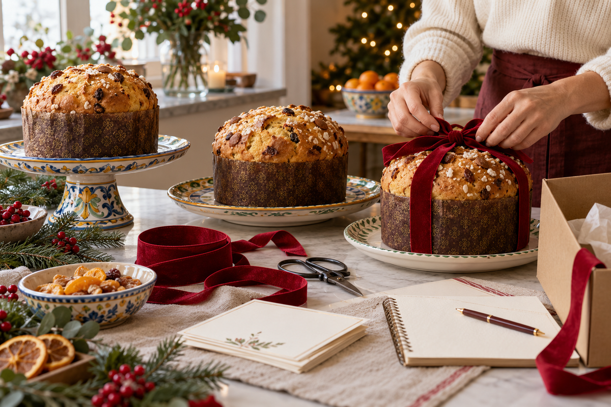 Preparazione di omaggi natalizi con panettoni e cartoncini