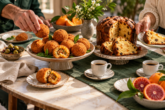 Brunch delle feste con piccoli arancini e panettone su vassoi distinti