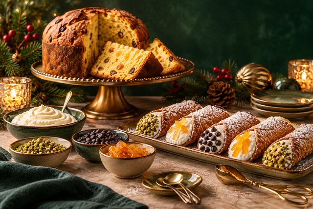 Buffet natalizio con fette di panettone, cannoli e piccole ciotole di crema su supporti distinti