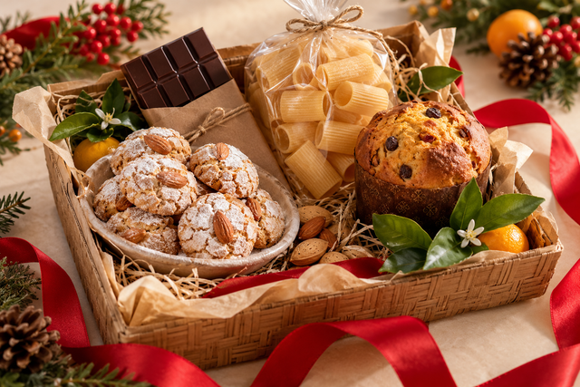 Cesto natalizio con biscotti, cioccolato, pasta e un piccolo lievitato, senza bottiglie