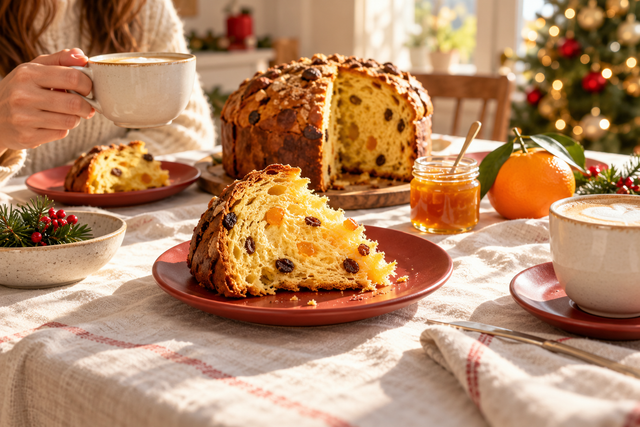 Colazione di Natale con una fetta di panettone, caffellatte e un’arancia su una tavola luminosa