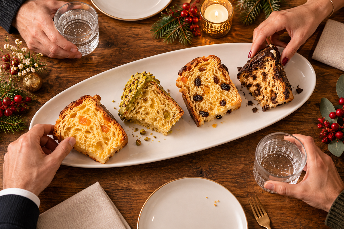Quattro piccoli assaggi diversi di panettone su un vassoio, con bicchieri d’acqua e mani al tavolo