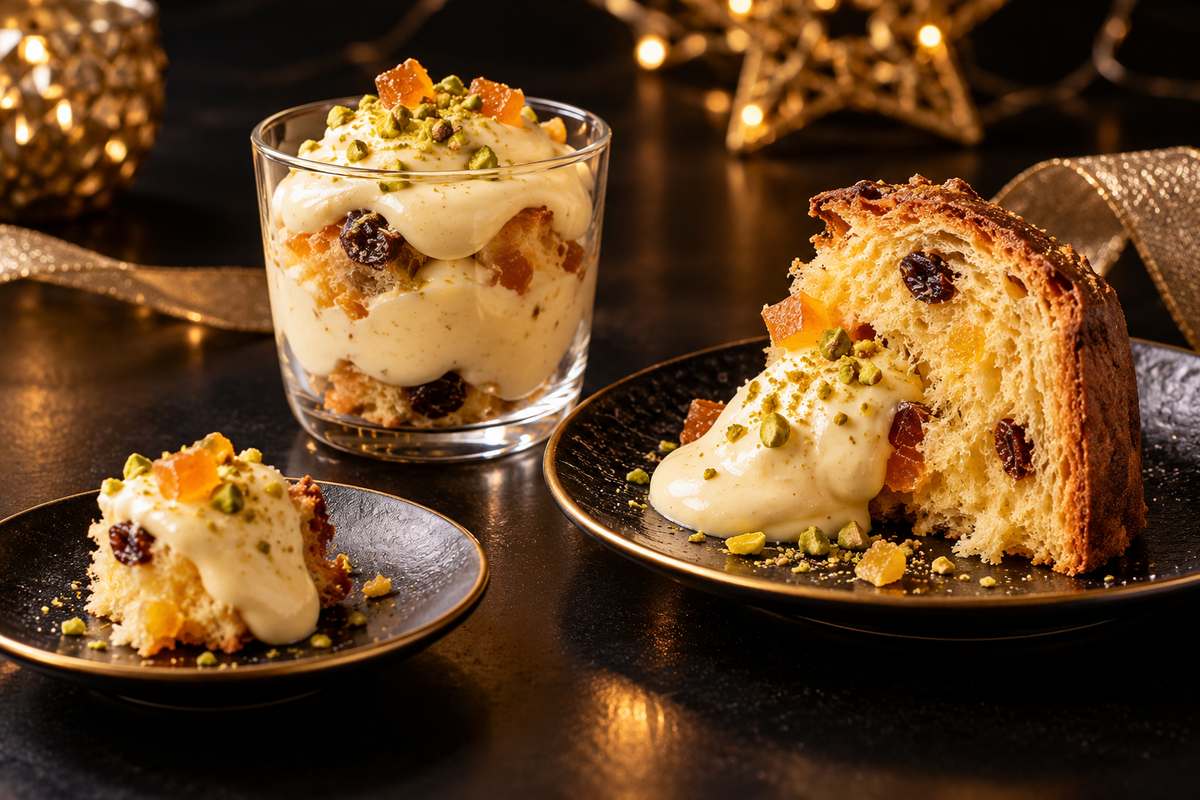 Tre dessert monoporzione con panettone e crema presentati su piatti e bicchierini