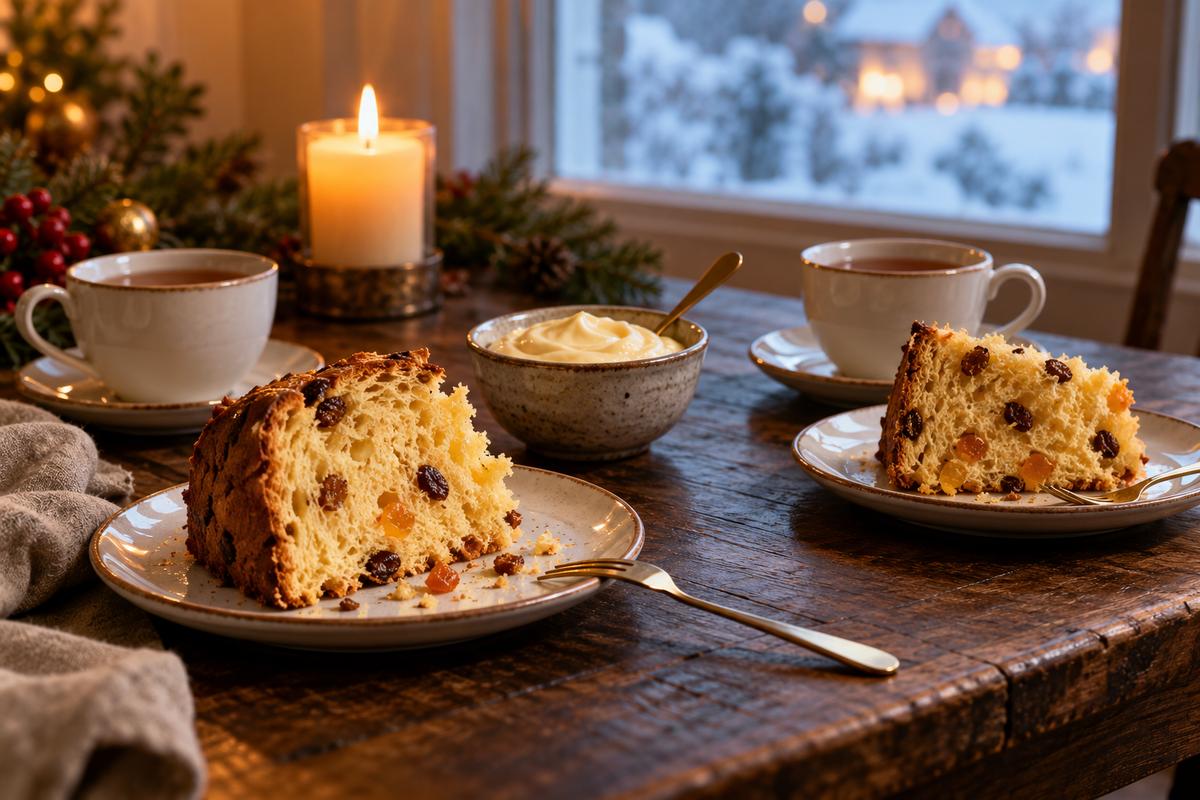 Tavola natalizia per due con piccole porzioni di panettone, tè e crema a parte