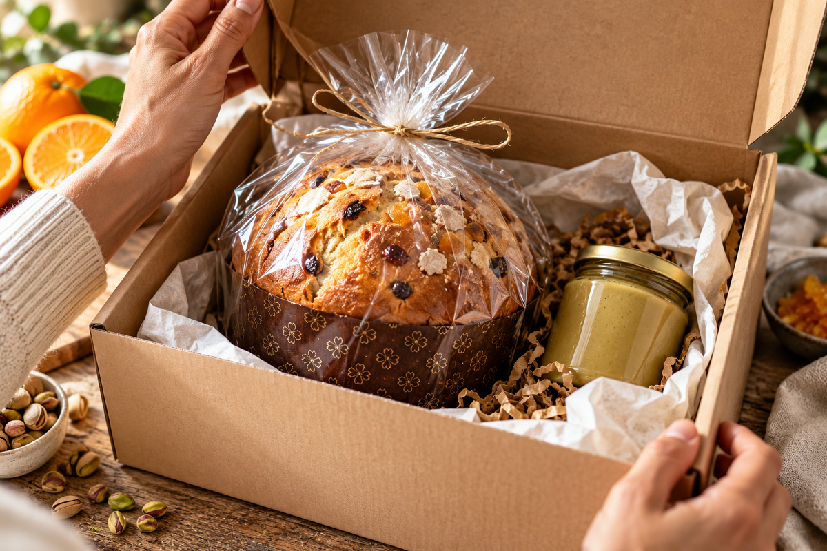Scatola neutra aperta con un panettone confezionato e un vasetto di crema