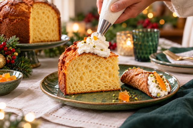 Ricotta aggiunta con una sac à poche su una fetta di panettone, con un cannolo a lato