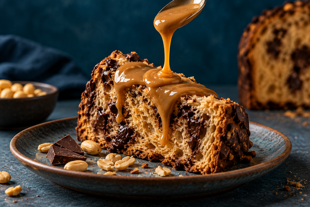 Crema al caramello versata su un assaggio di panettone al cacao con arachidi sul piatto