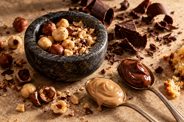Creme alla nocciola e al cacao con nocciole spezzate e scaglie di cioccolato