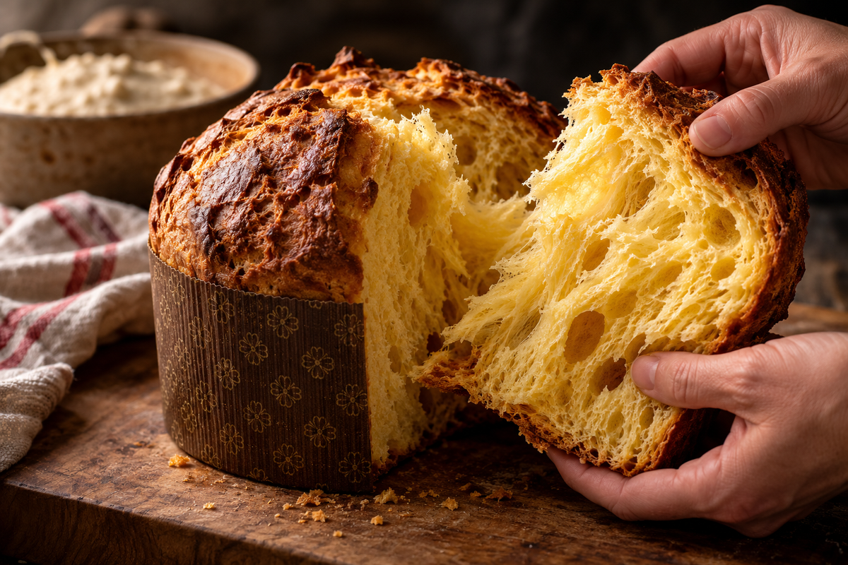 Mani che separano una fetta di panettone mostrando la struttura soffice della mollica