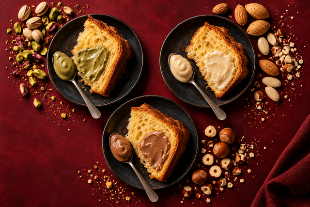 Tre assaggi di panettone con creme al pistacchio, alla mandorla e alla nocciola