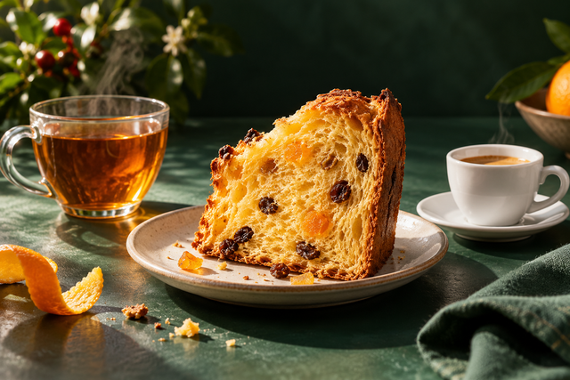 Tazza di tè ambrato e tazzina di espresso accanto a una fetta di panettone