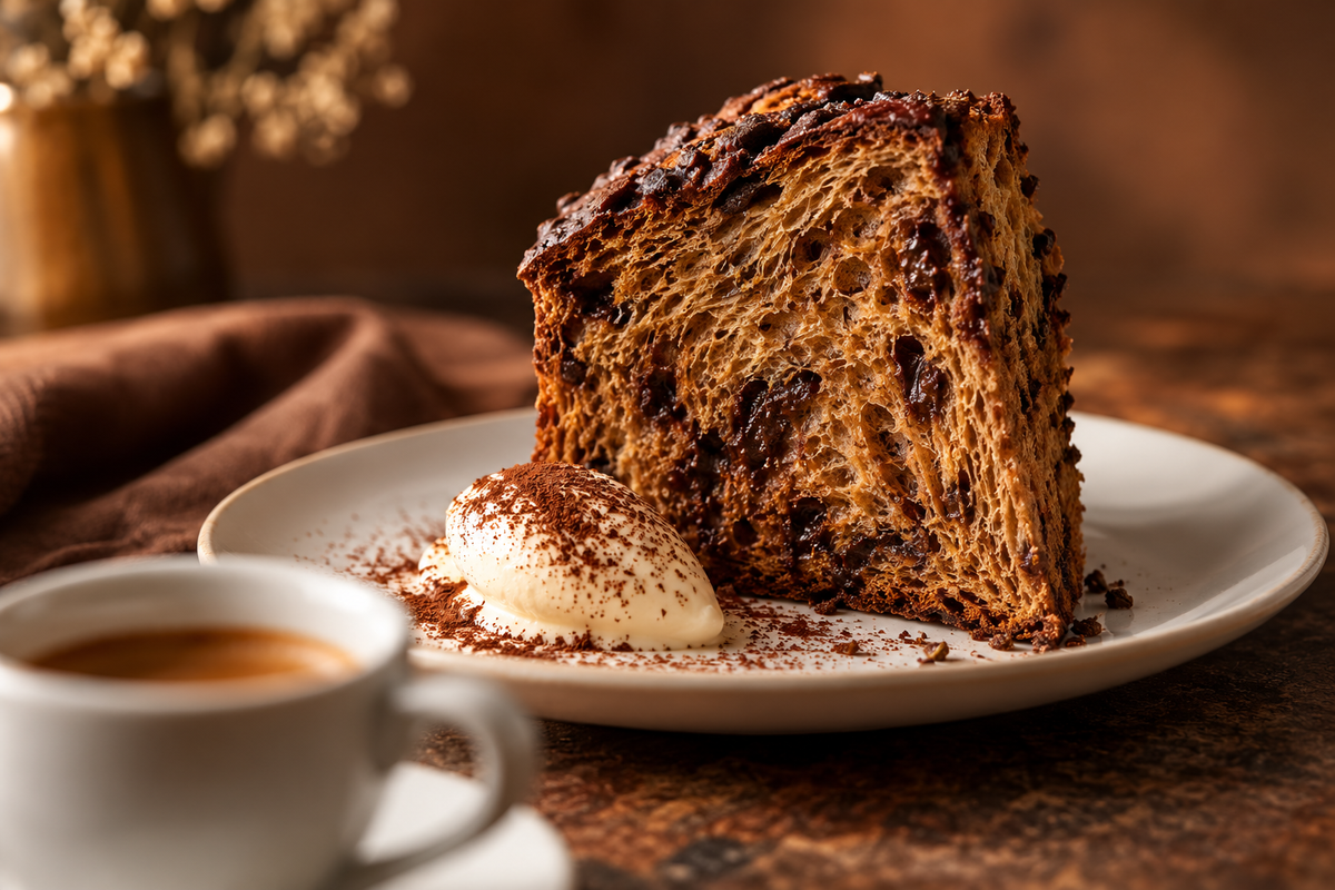 Fetta di lievitato al caffè con crema al mascarpone e una tazzina di espresso
