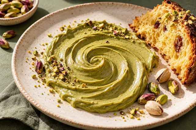 Crema di pistacchio su ceramica chiara, pistacchi sgusciati e una fetta di panettone