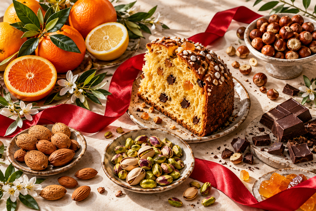 Agrumi, mandorle, nocciole, pistacchi, cioccolato e panettone in una composizione natalizia