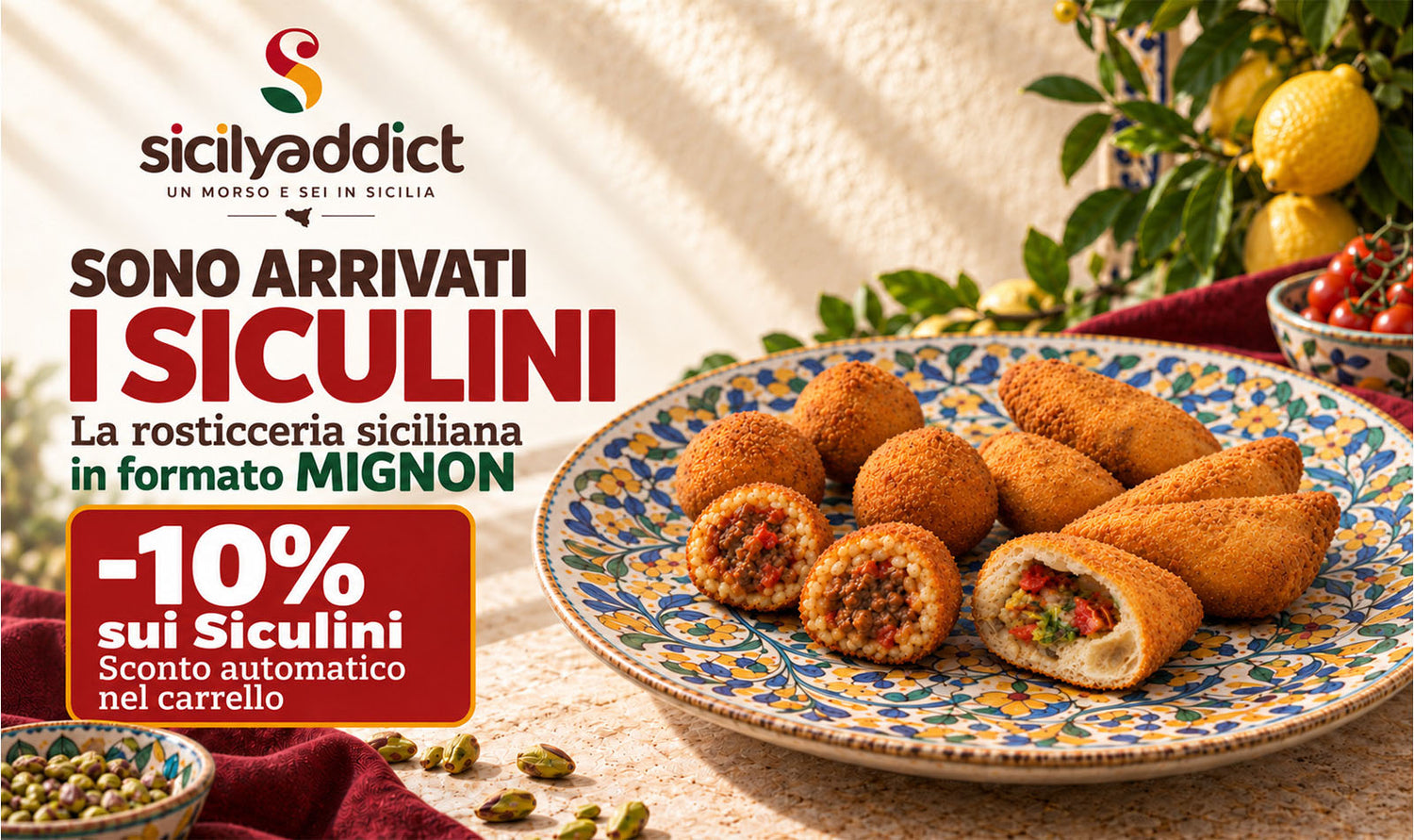 Banner SicilyAddict per il lancio dei Siculini, rosticceria siciliana mignon con arancini e pidoni artigianali e sconto automatico del 10% nel carrello.