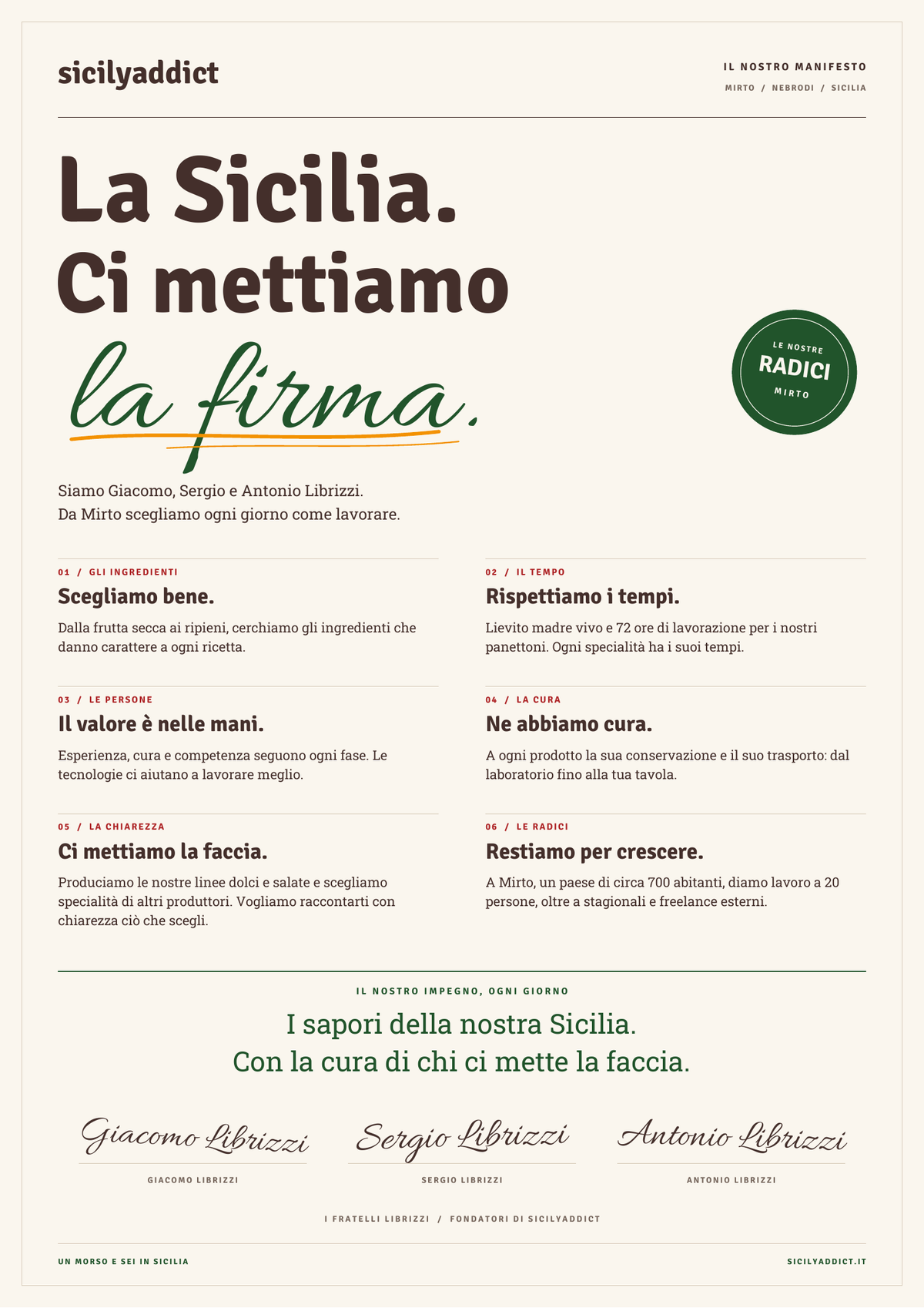 Anteprima del Manifesto SicilyAddict con i sei impegni e i nomi calligrafici di Giacomo, Sergio e Antonio Librizzi