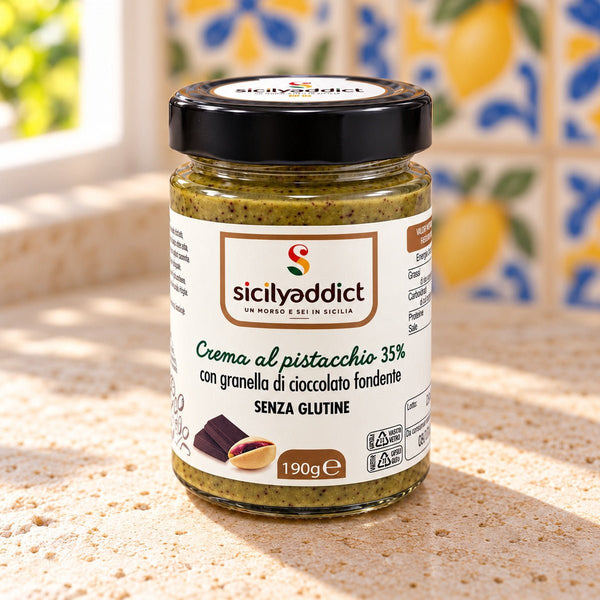 Crema al pistacchio 35% con granella di cioccolato fondente 190 g - SicilyAddict