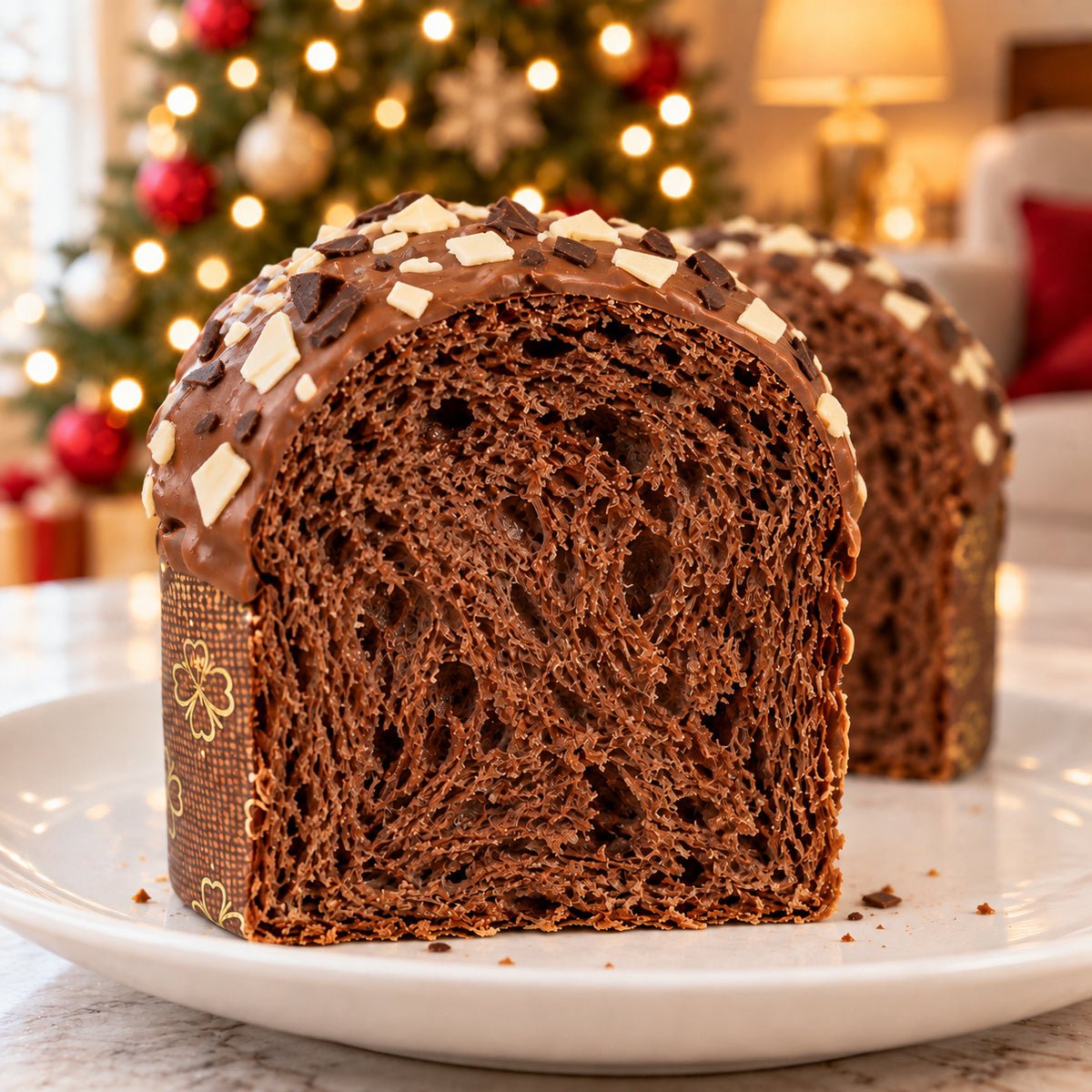 Panettoncino ai Tre Cioccolati con dettaglio dell’interno e dell’alveolatura.
