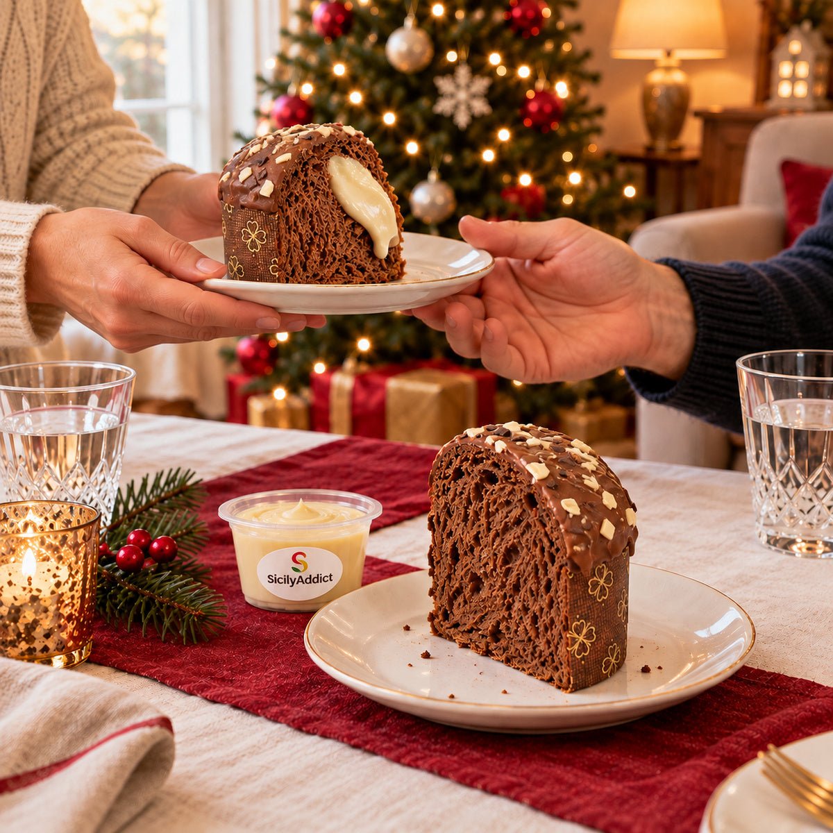 Panettoncino ai Tre Cioccolati servito su una tavola apparecchiata per Natale.