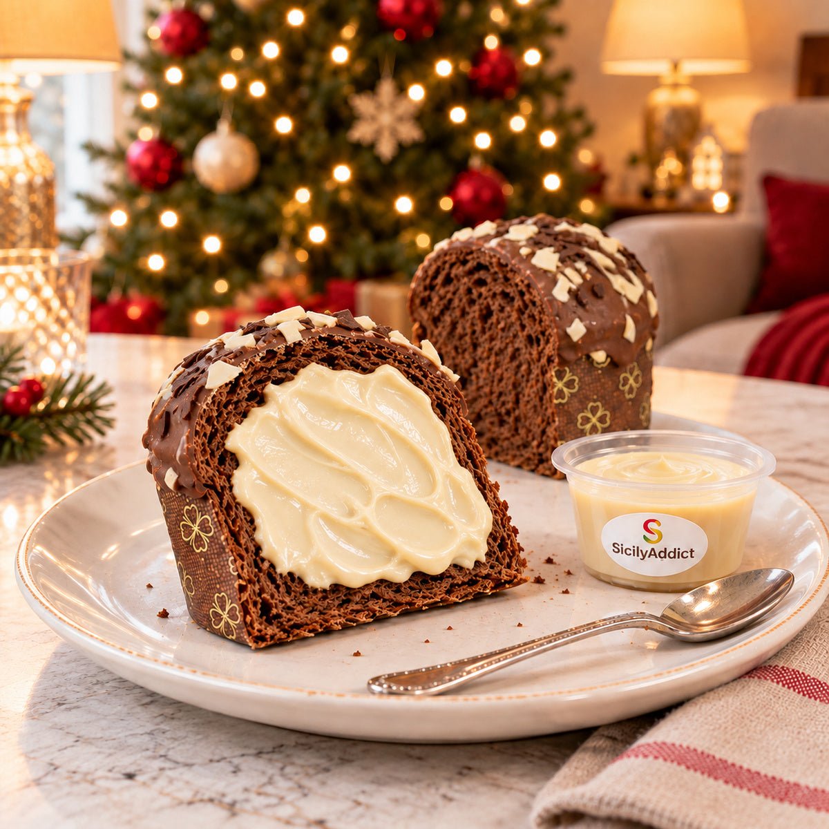Panettoncino ai Tre Cioccolati con una fetta guarnita di crema in primo piano.