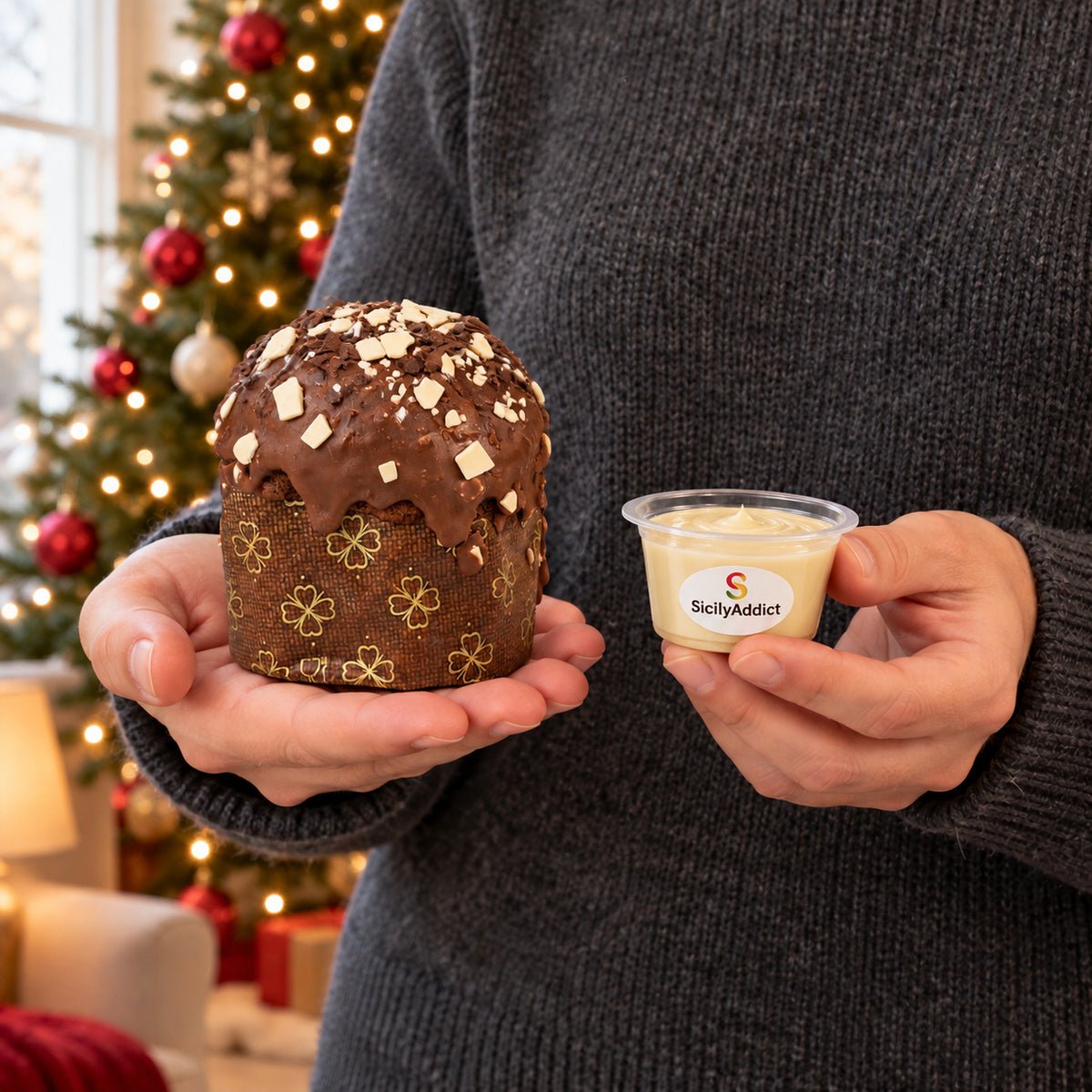 Panettoncino ai Tre Cioccolati tenuto in mano davanti alla tavola natalizia.