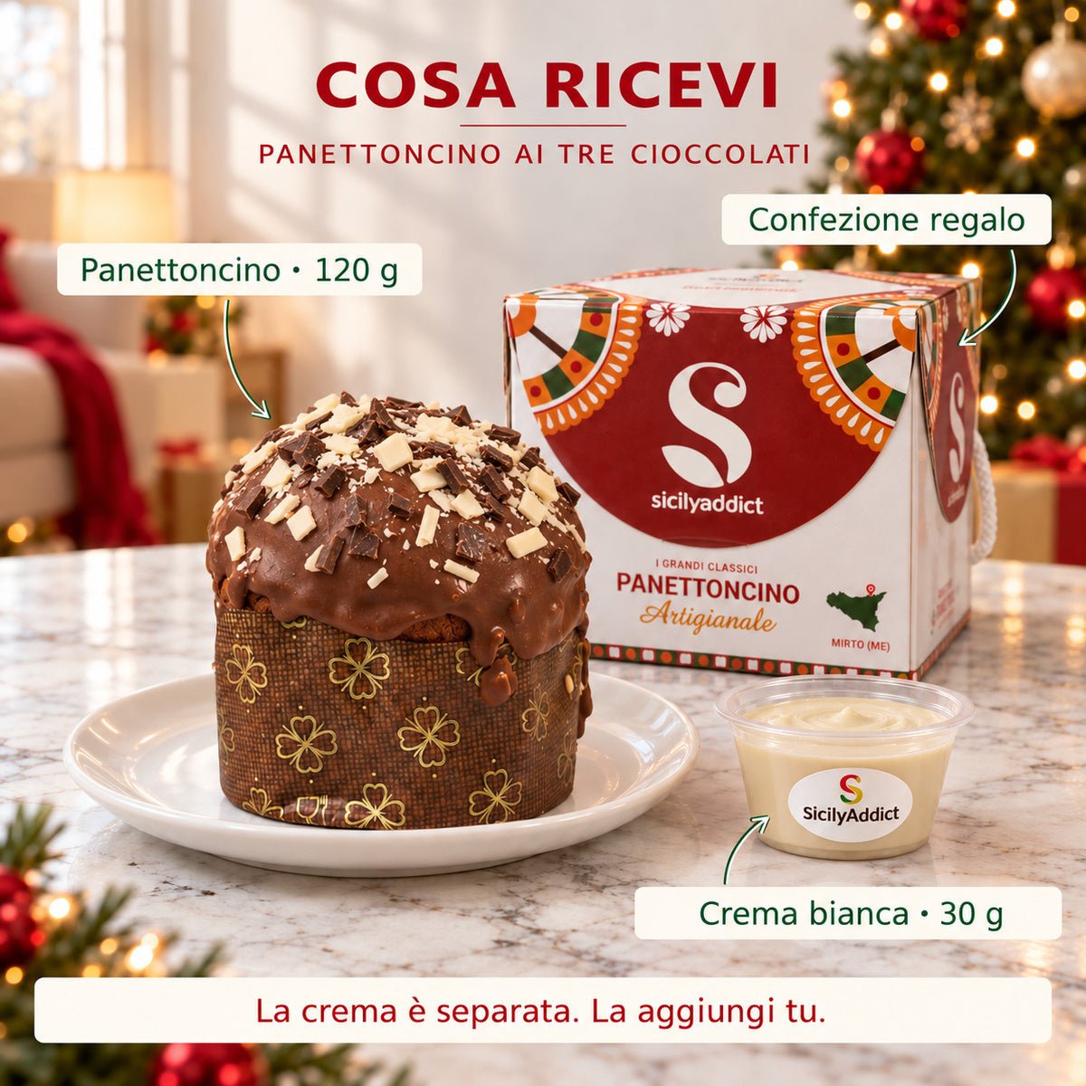 Infografica del contenuto della confezione: panettoncino ai tre cioccolati con crema separata e scatola regalo.