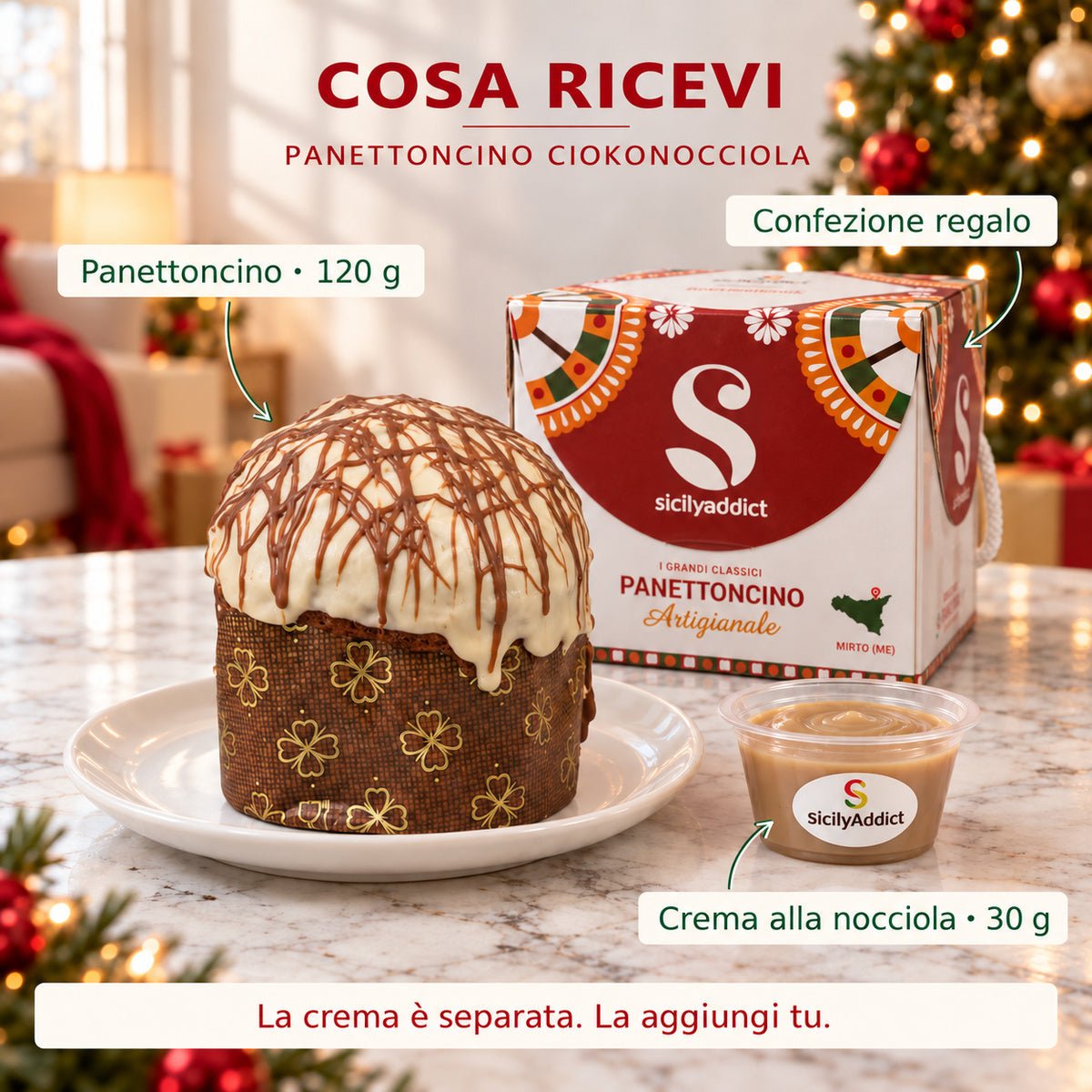 Infografica del contenuto della confezione: panettoncino al cioccolato e nocciole ciokonocciola con crema separata e scatola regalo.