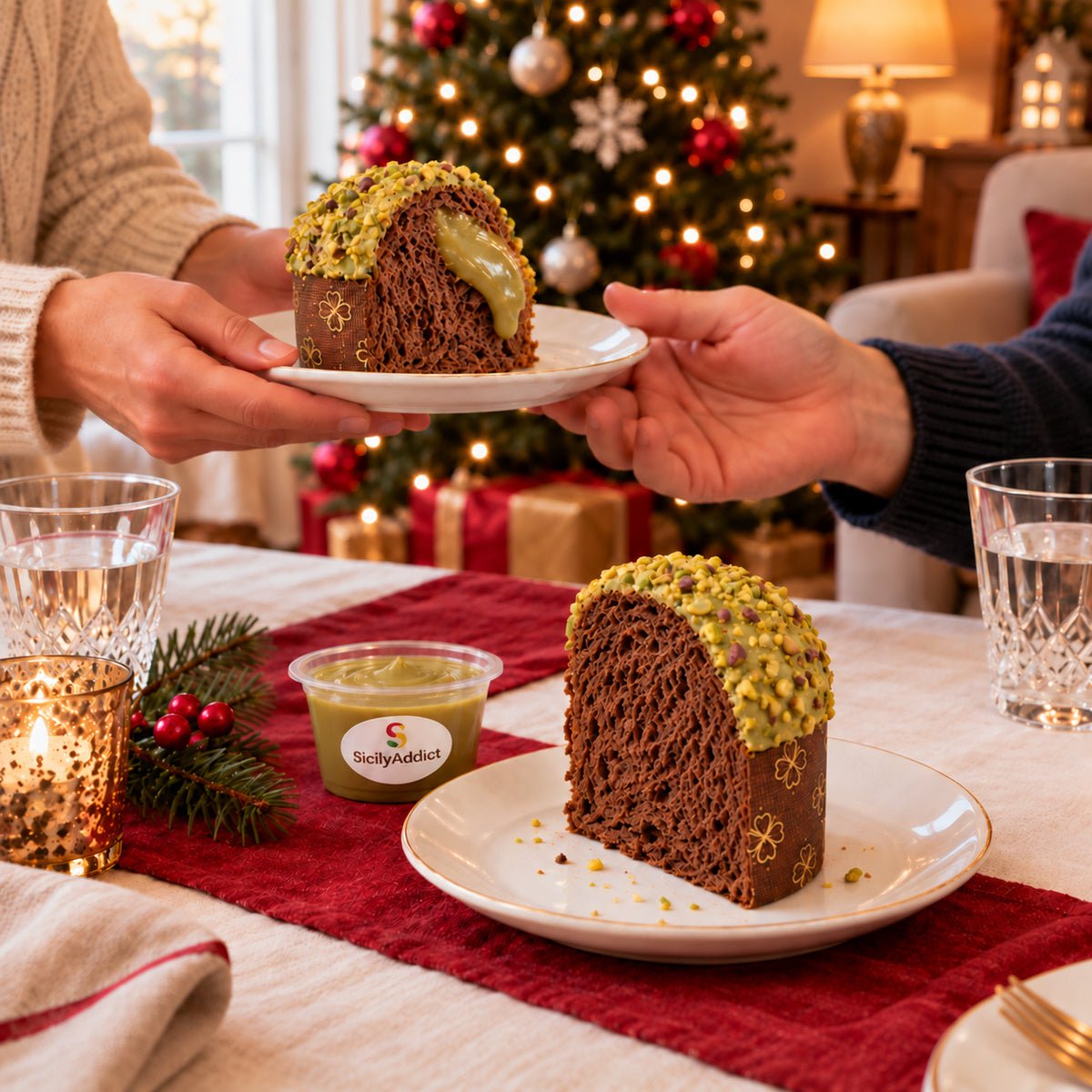 Panettoncino al cioccolato e pistacchio ciokopistacchio servito su una tavola apparecchiata per Natale.