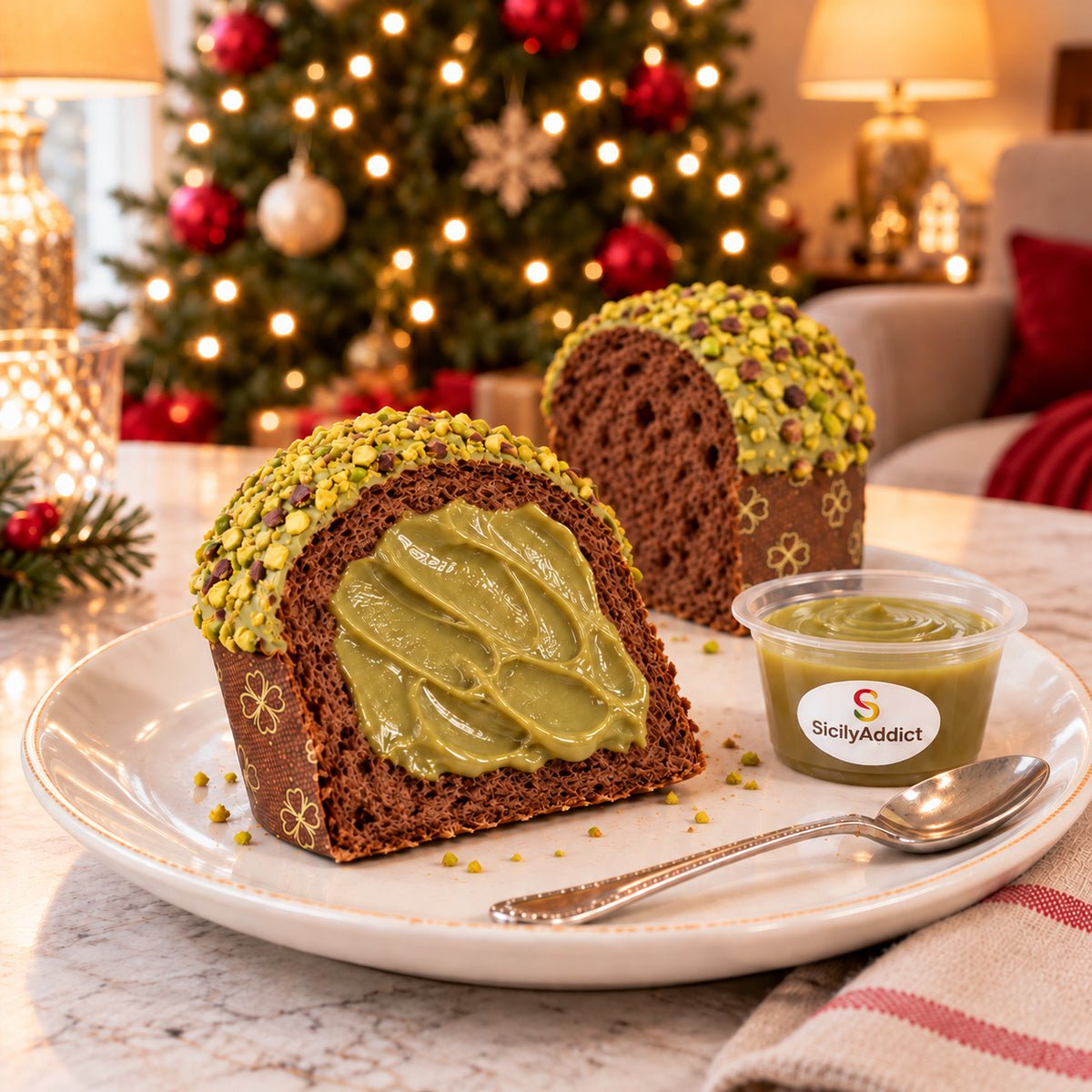 Panettoncino al cioccolato e pistacchio ciokopistacchio con una fetta guarnita di crema in primo piano.