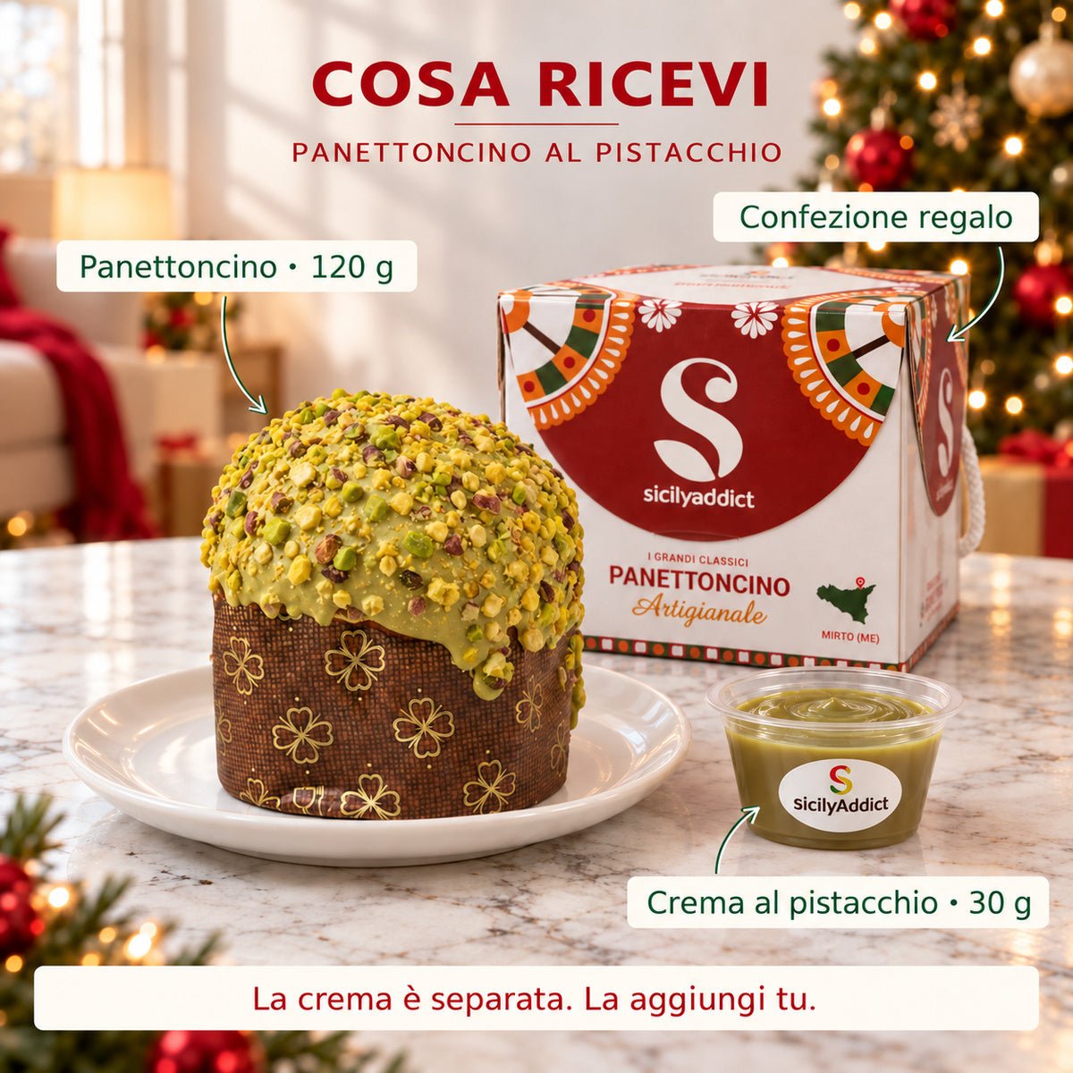 Infografica del contenuto della confezione: panettoncino al pistacchio con crema separata e scatola regalo.