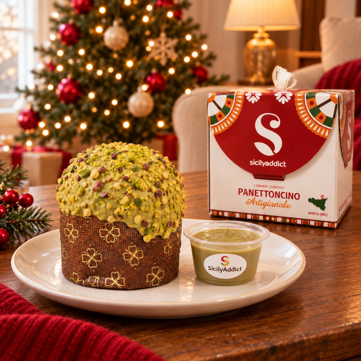 Panettoncino al pistacchio accanto alla confezione regalo e alla crema separata.