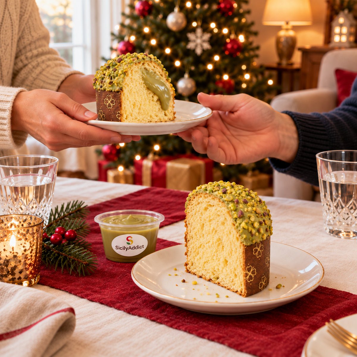 Panettoncino al pistacchio servito su una tavola apparecchiata per Natale.