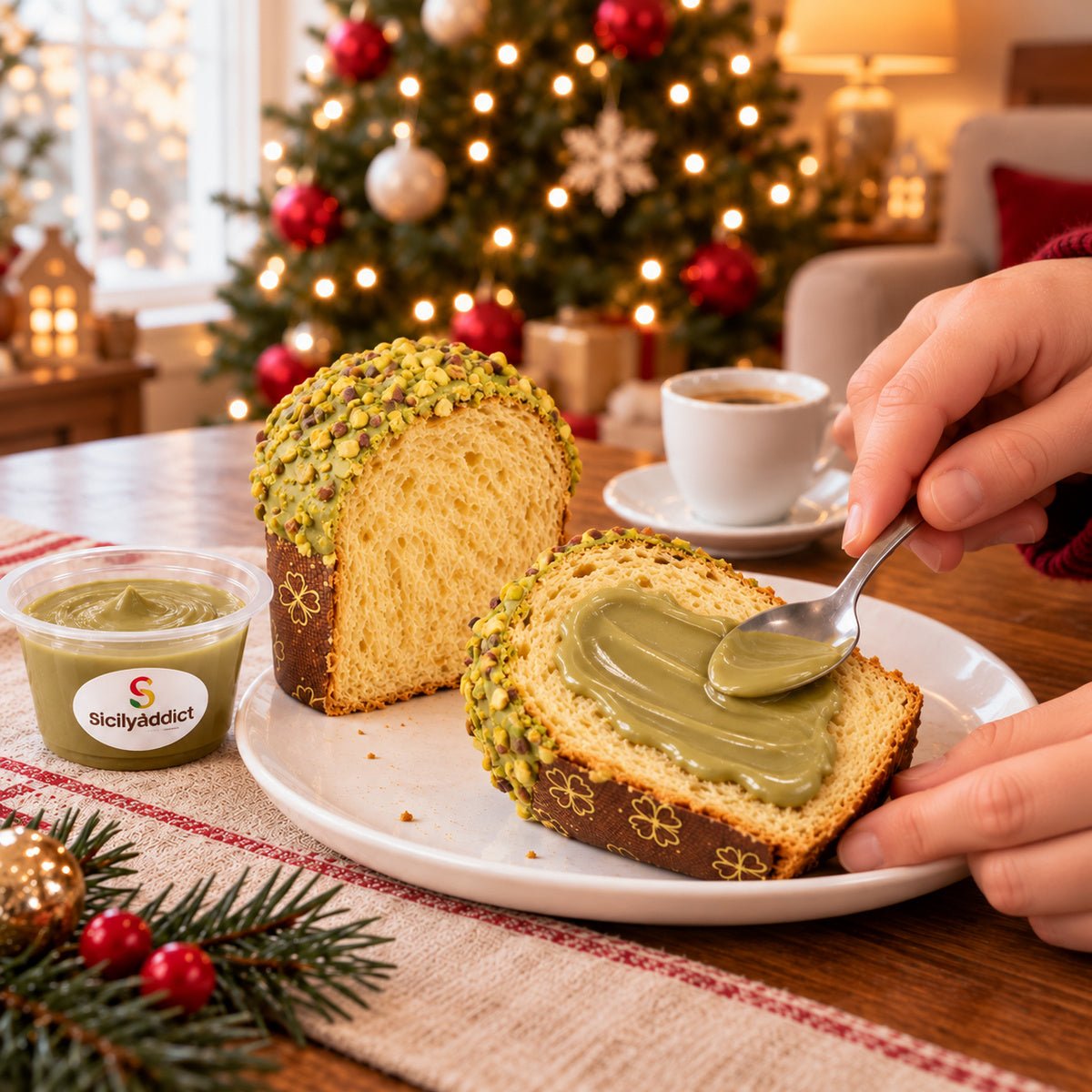 Panettoncino al pistacchio con crema aggiunta al momento su una fetta.