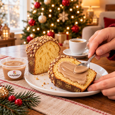 Panettoncino alla nocciola con crema aggiunta al momento su una fetta.