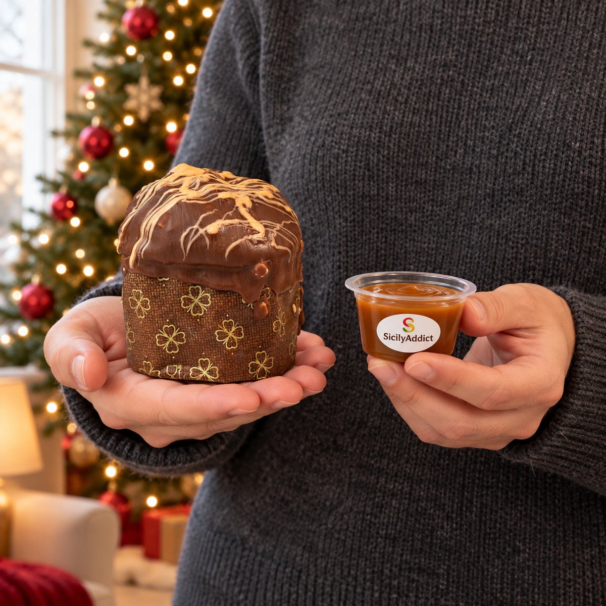 Panettoncino ciokocaramel tenuto in mano davanti alla tavola natalizia.