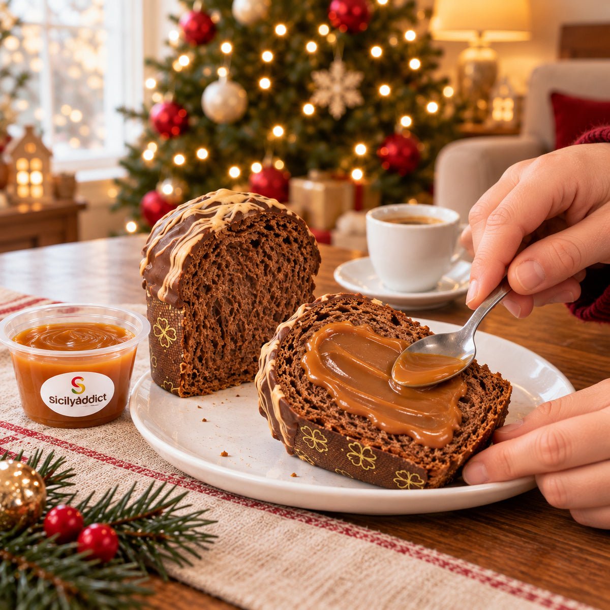 Panettoncino ciokocaramel con crema aggiunta al momento su una fetta.