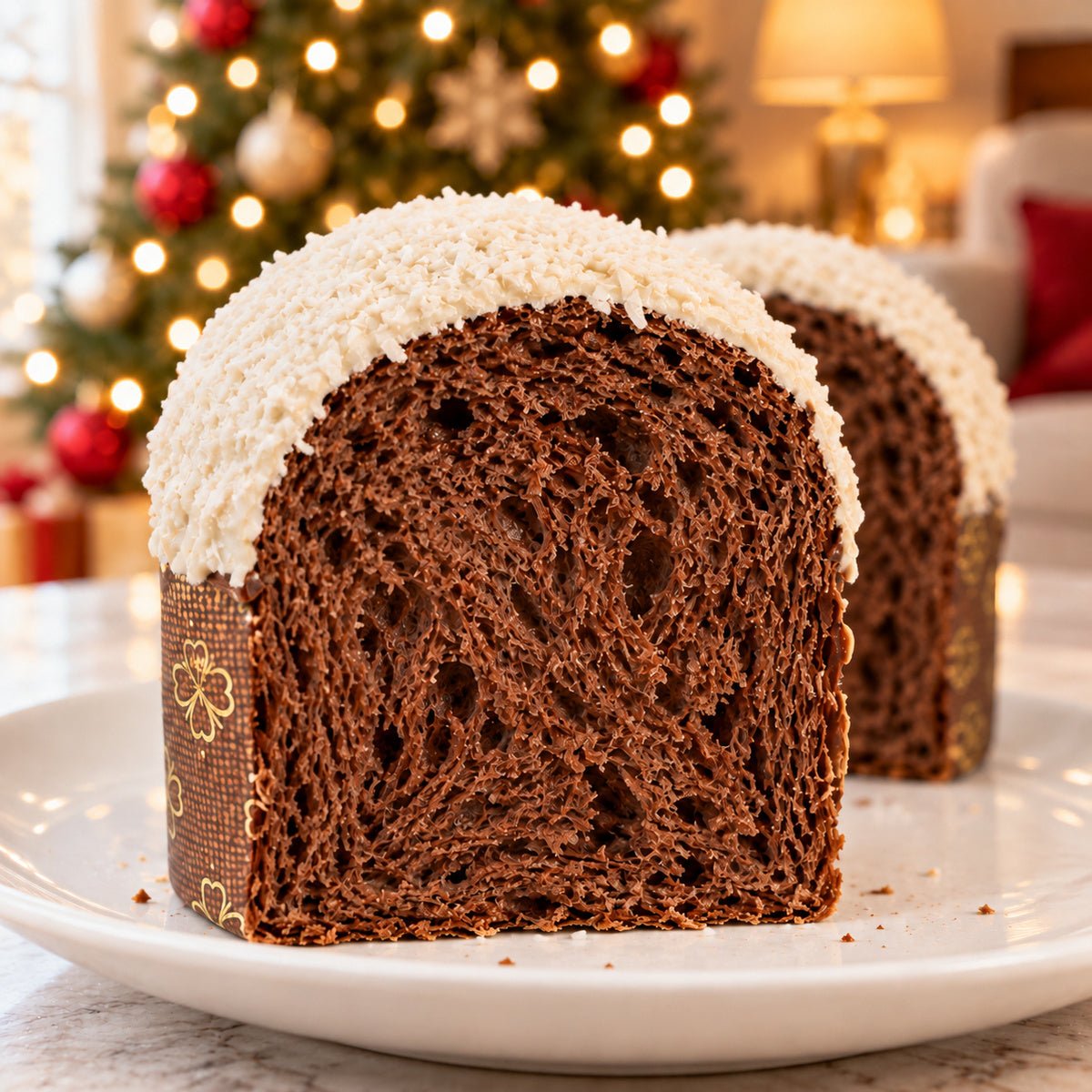 Panettoncino ciokococco con dettaglio dell’interno e dell’alveolatura.