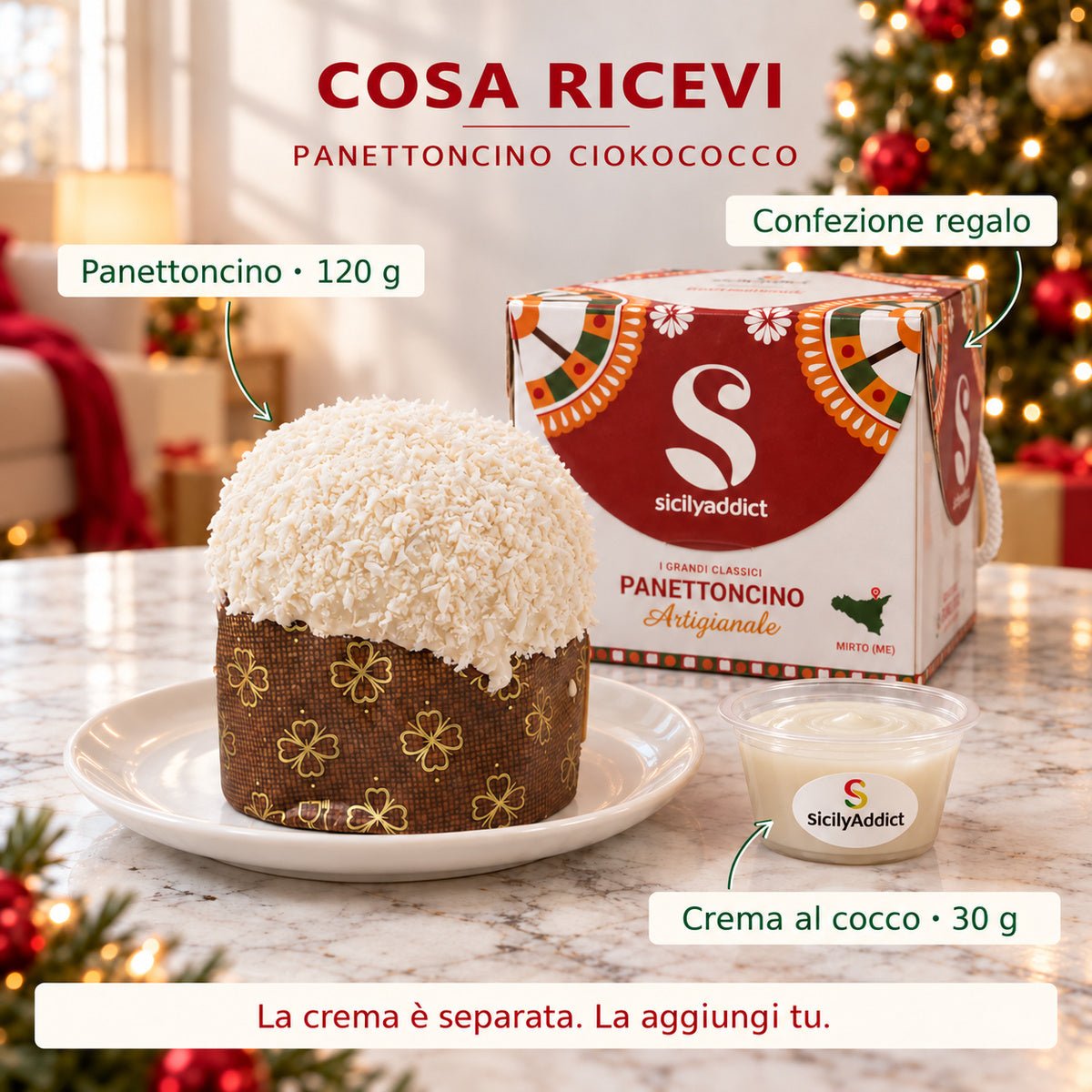 Infografica del contenuto della confezione: panettoncino ciokococco con crema separata e scatola regalo.
